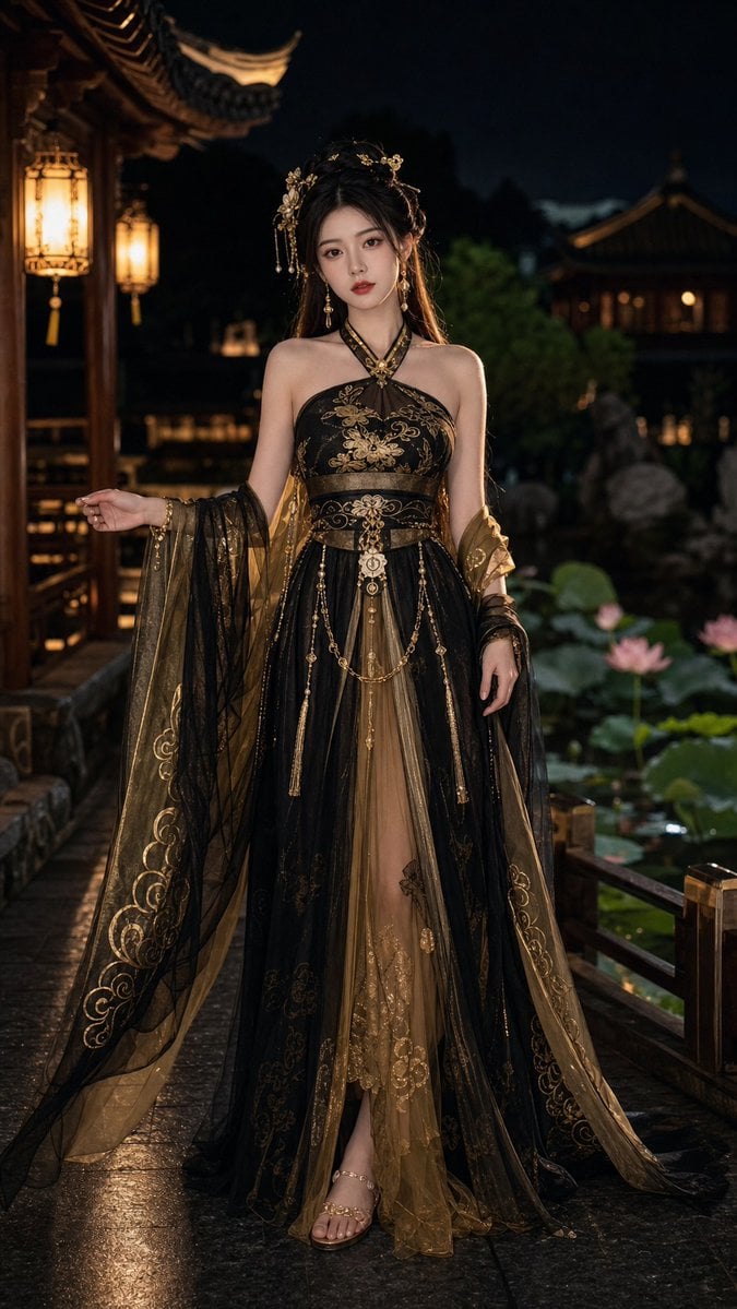18歲中國美女，成年女性，精緻五官，長髮，身材修長，穿著性感但高雅的黑金色唐制齊胸襦裙改良漢服，薄紗披帛，金色雲紋刺繡，精緻髮飾，正面全身照，完整身體入鏡，細緻