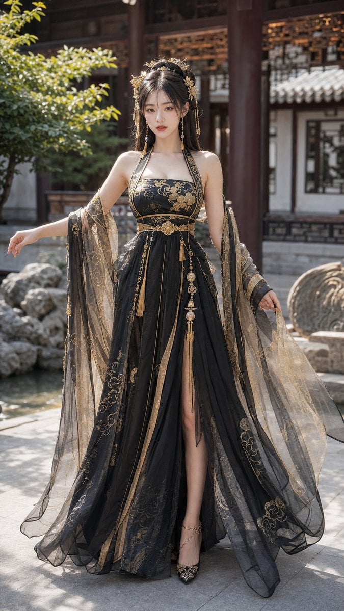 18歲中國美女，成年女性，精緻五官，長髮，身材修長，穿著性感但高雅的黑金色唐制齊胸襦裙改良漢服，薄紗披帛，金色雲紋刺繡，精緻髮飾，正面全身照，完整身體入鏡，細緻