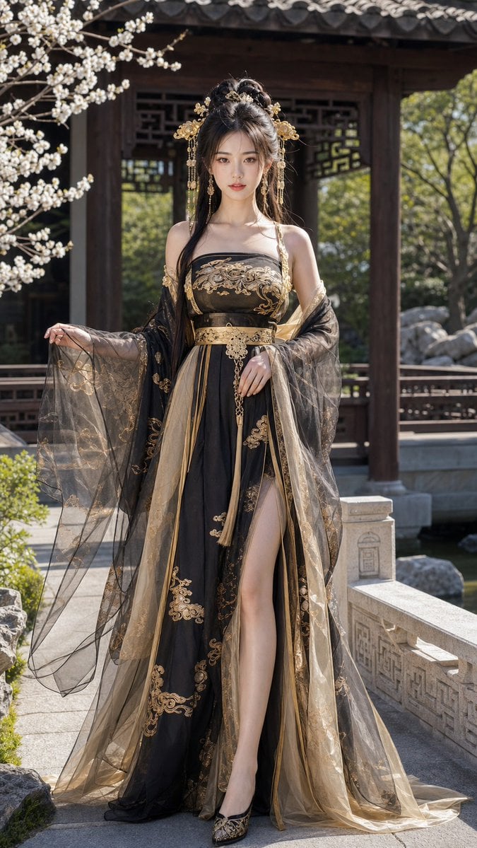 18歲中國美女，成年女性，精緻五官，長髮，身材修長，穿著性感但高雅的黑金色唐制齊胸襦裙改良漢服，薄紗披帛，金色雲紋刺繡，精緻髮飾，正面全身照，完整身體入鏡，細緻