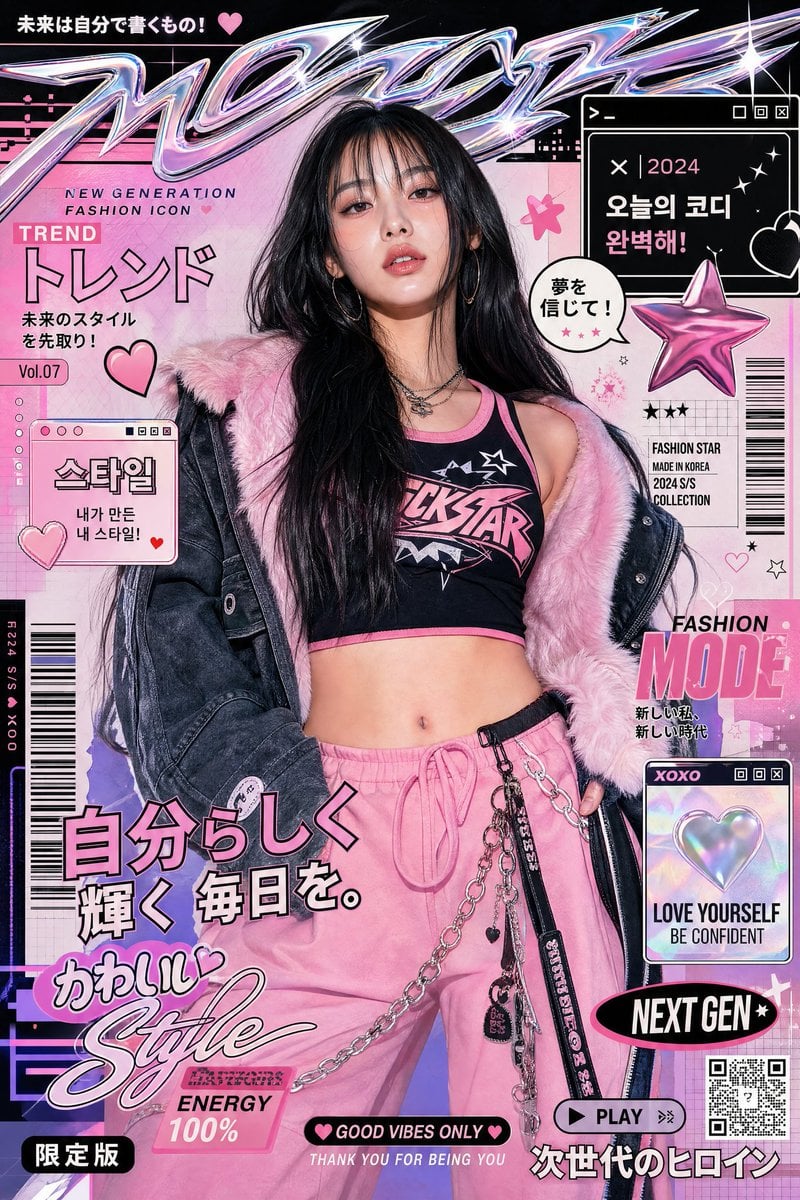 Ultra-stylized luxury fashion editorial poster featuring a confident young Asian
