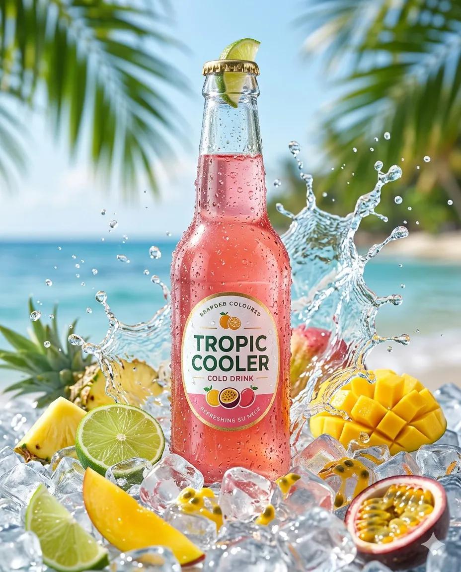 A refreshing cold drink bottle placed on wet ice cubes, surrounded by water spla