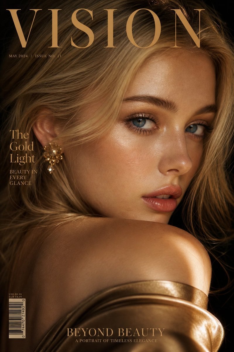 Luxury extreme close-up portrait, magazine cover style, title "VISION",

featuri
