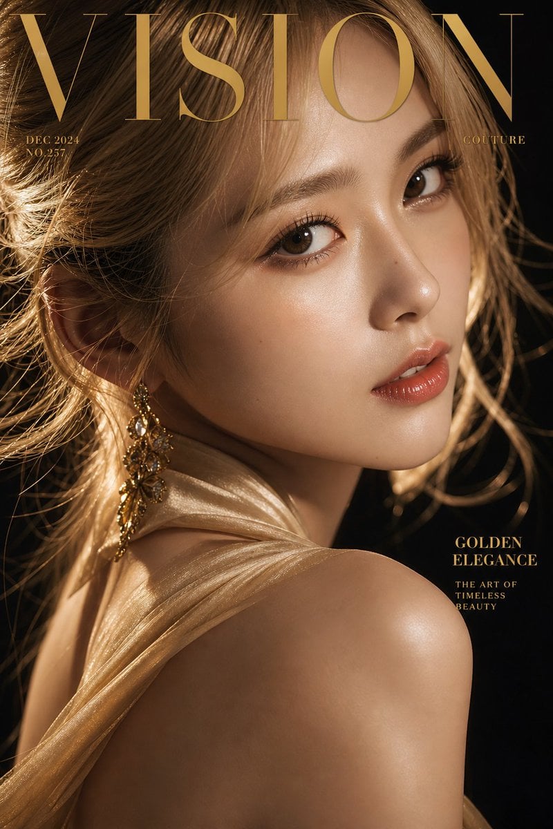 Luxury extreme close-up portrait, magazine cover style, title "VISION",

featuri