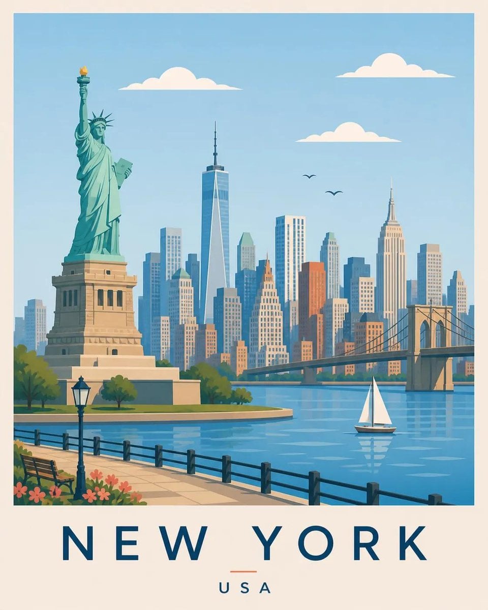 Create a premium editorial travel poster illustration of [DESTINATION].

Style:
