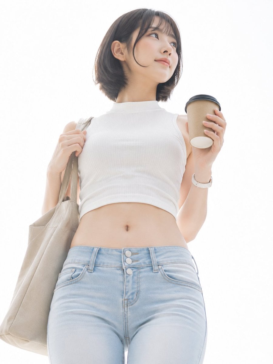 A fresh high-key white-background lifestyle portrait of a young woman in her 20s