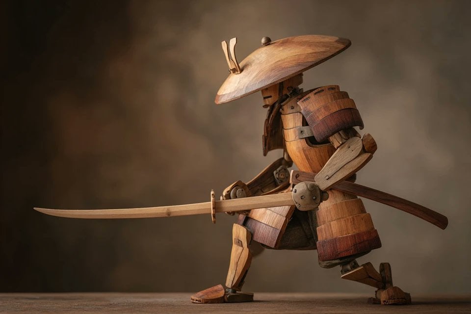 A wooden automaton version of a [subject], jointed with brass pins, natural wood