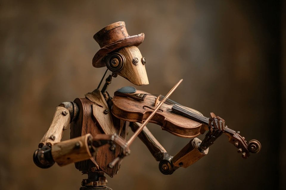 A wooden automaton version of a [subject], jointed with brass pins, natural wood