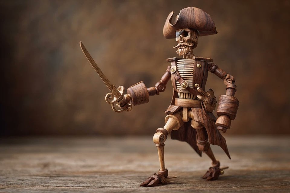 A wooden automaton version of a [subject], jointed with brass pins, natural wood