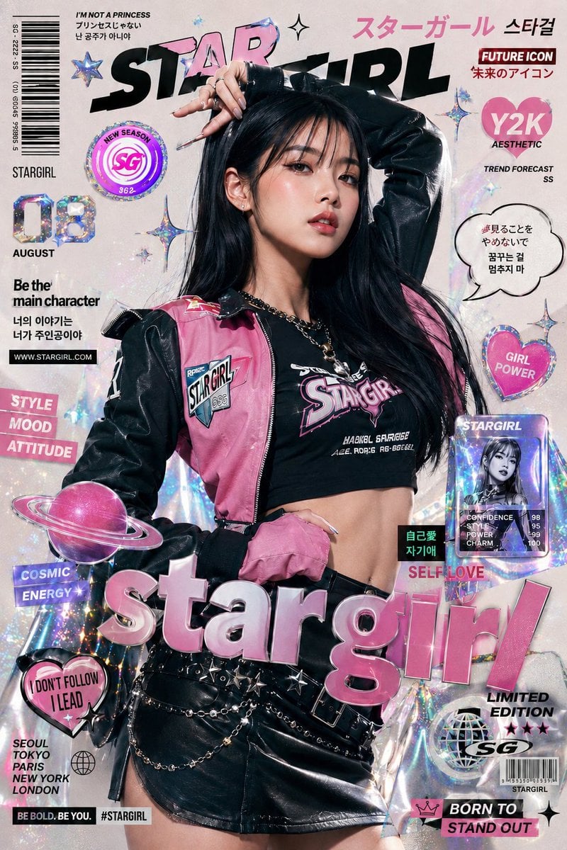 Ultra-stylized high-fashion editorial poster of a confident young Asian female m