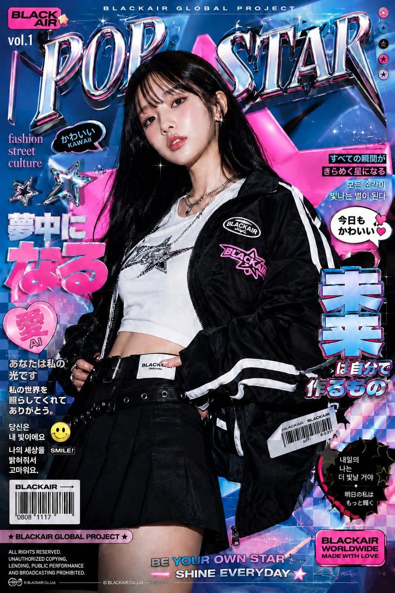Ultra-stylized high-fashion editorial poster of a confident young Asian female m