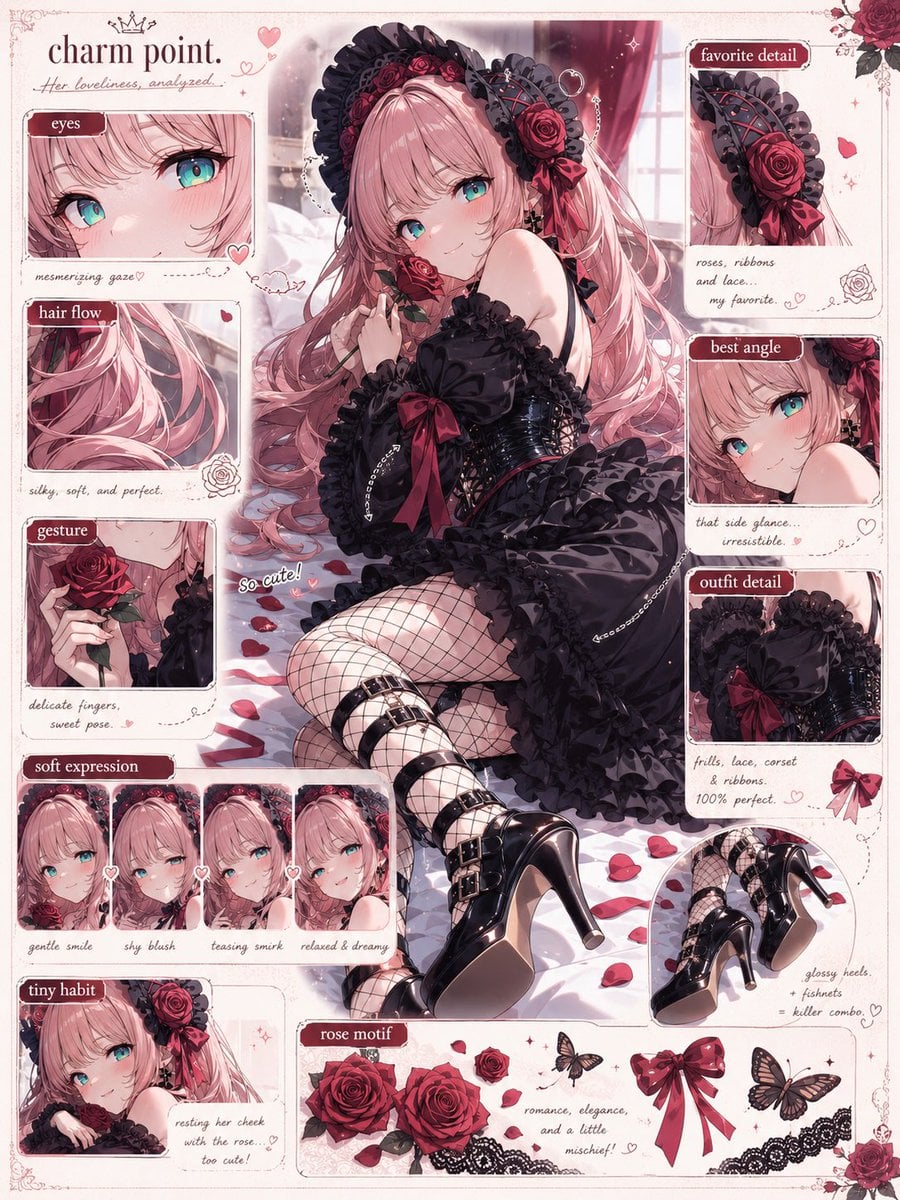 入力されたキャラクター画像をもとに、
そのキャラクターの「魅力解剖図」を1枚のビジュアルとして作成してください。

これは通常のキャラクター設定資料、三面図、プ