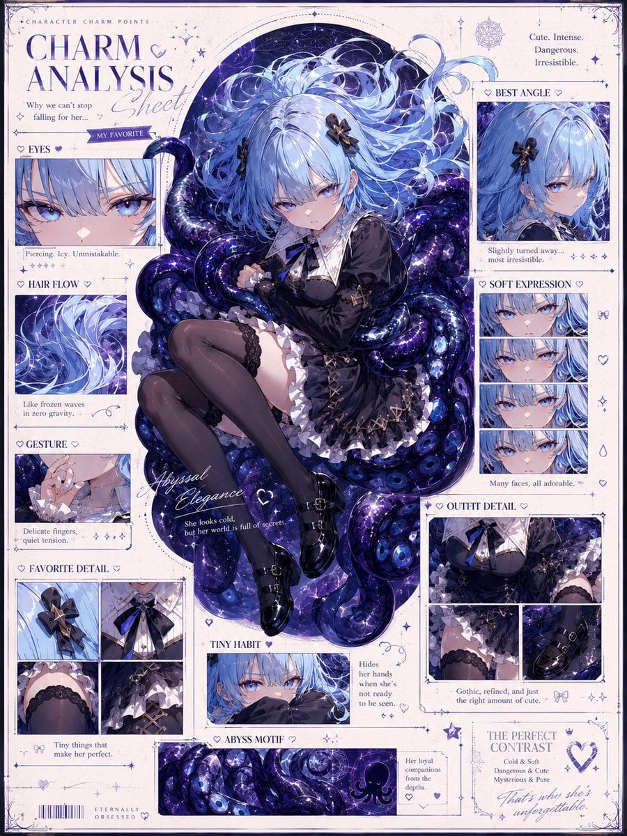 入力されたキャラクター画像をもとに、
そのキャラクターの「魅力解剖図」を1枚のビジュアルとして作成してください。

これは通常のキャラクター設定資料、三面図、プ