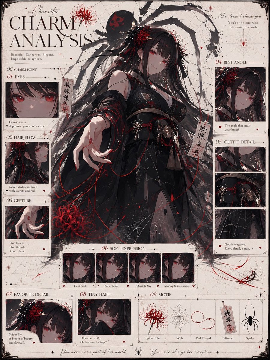入力されたキャラクター画像をもとに、
そのキャラクターの「魅力解剖図」を1枚のビジュアルとして作成してください。

これは通常のキャラクター設定資料、三面図、プ