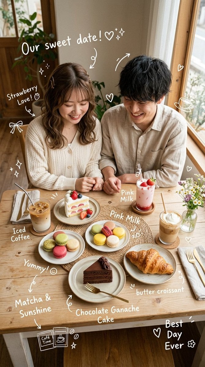 Ultra-realistic cozy Japanese-Korean café photography featuring a cute young [Ja