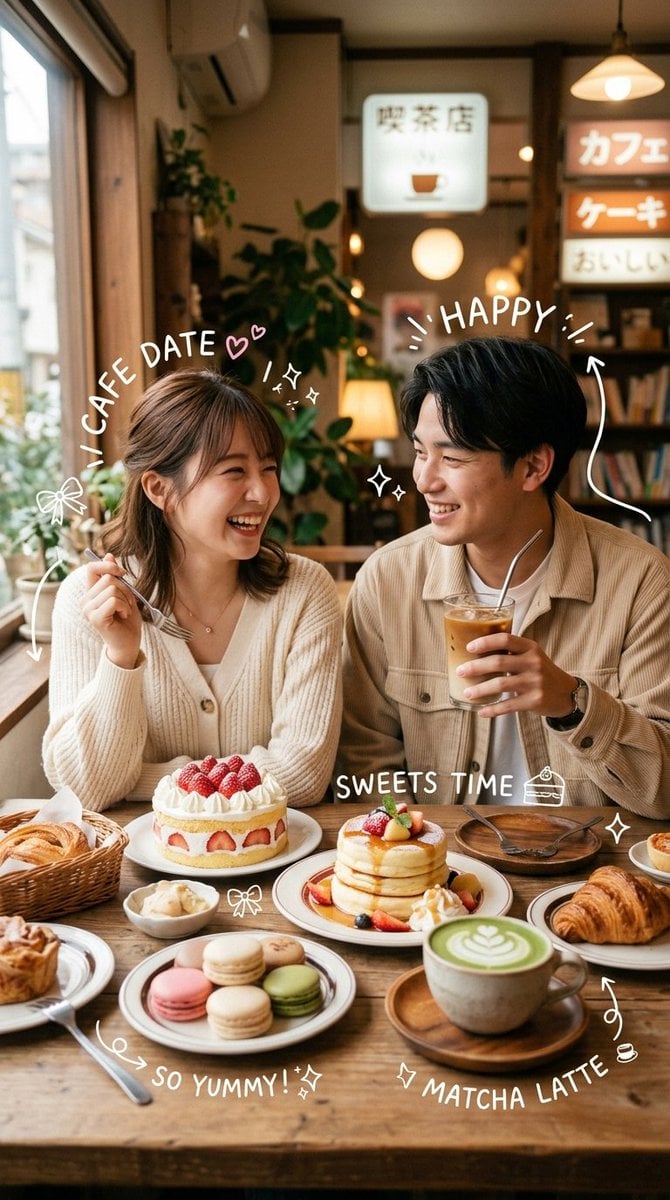 Ultra-realistic cozy Japanese-Korean café photography featuring a cute young [Ja