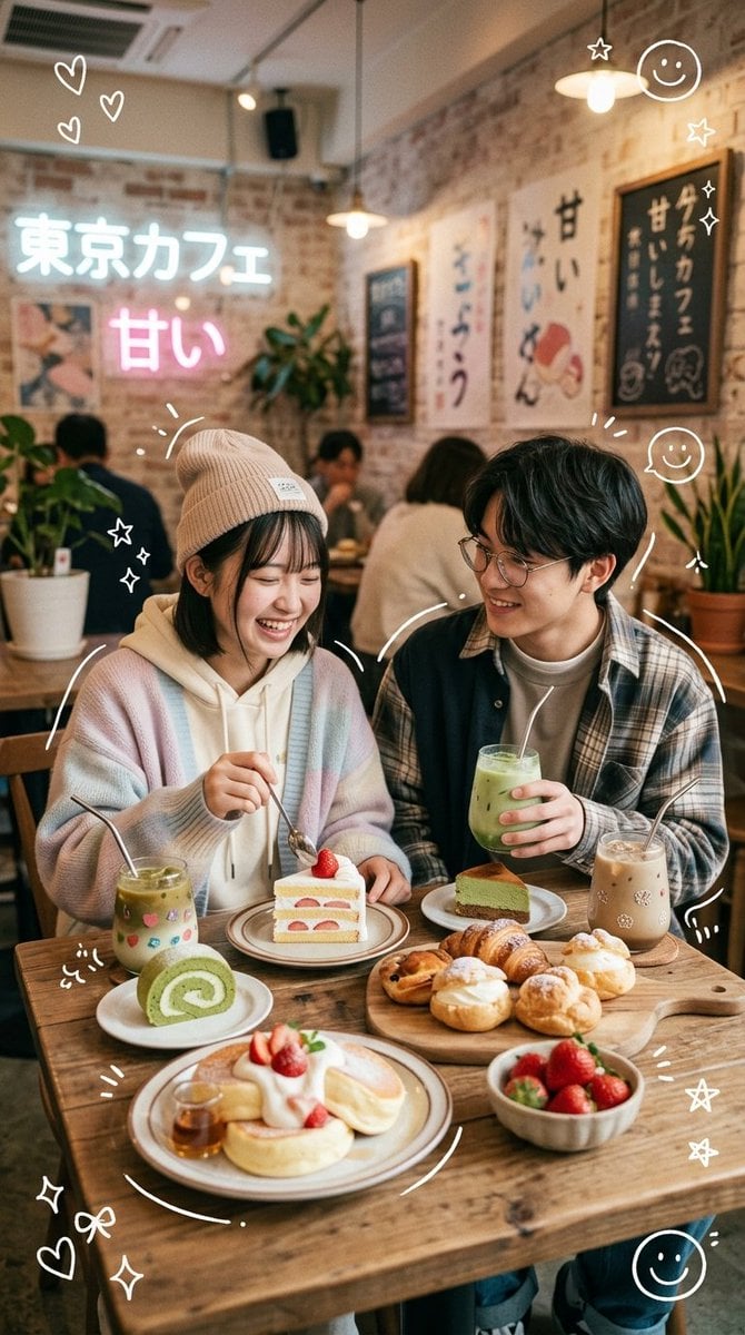 Ultra-realistic cozy Japanese-Korean café photography featuring a cute young [Ja