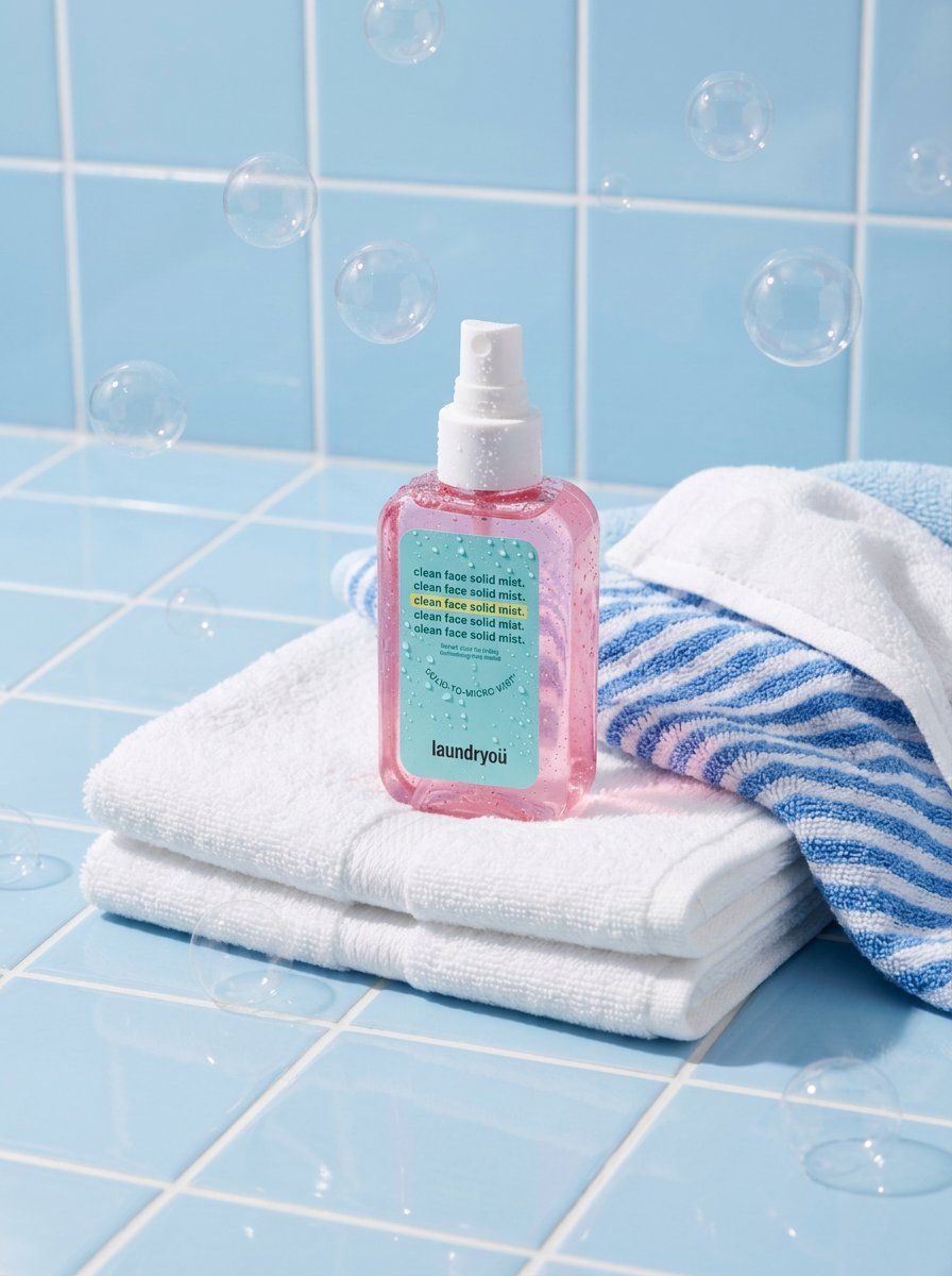 A translucent pink facial mist spray bottle with a white cap, covered in tiny co