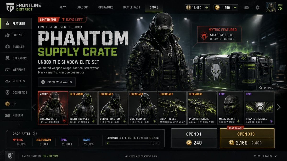 Create a premium, highly believable Lootbox / Capsule Drop Ad for an imaginary d