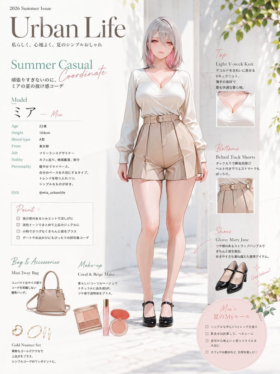 A stylish young woman with sleek, dark violet hair stands in a minimalist, sun-d