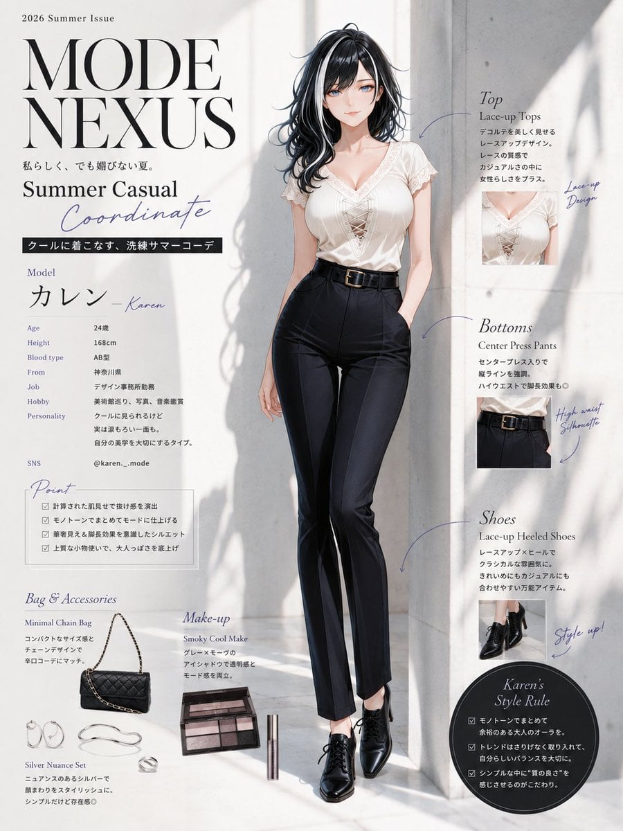 A stylish young woman with sleek, dark violet hair stands in a minimalist, sun-d