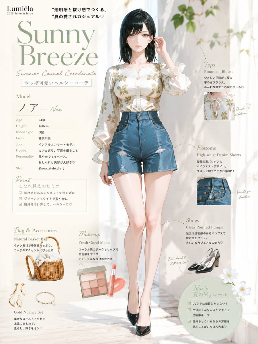 A stylish young woman with sleek, dark violet hair stands in a minimalist, sun-d