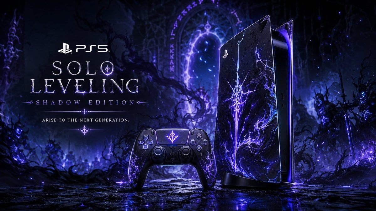 Create a premium cinematic advertising poster for a custom PS5 and matching Dual