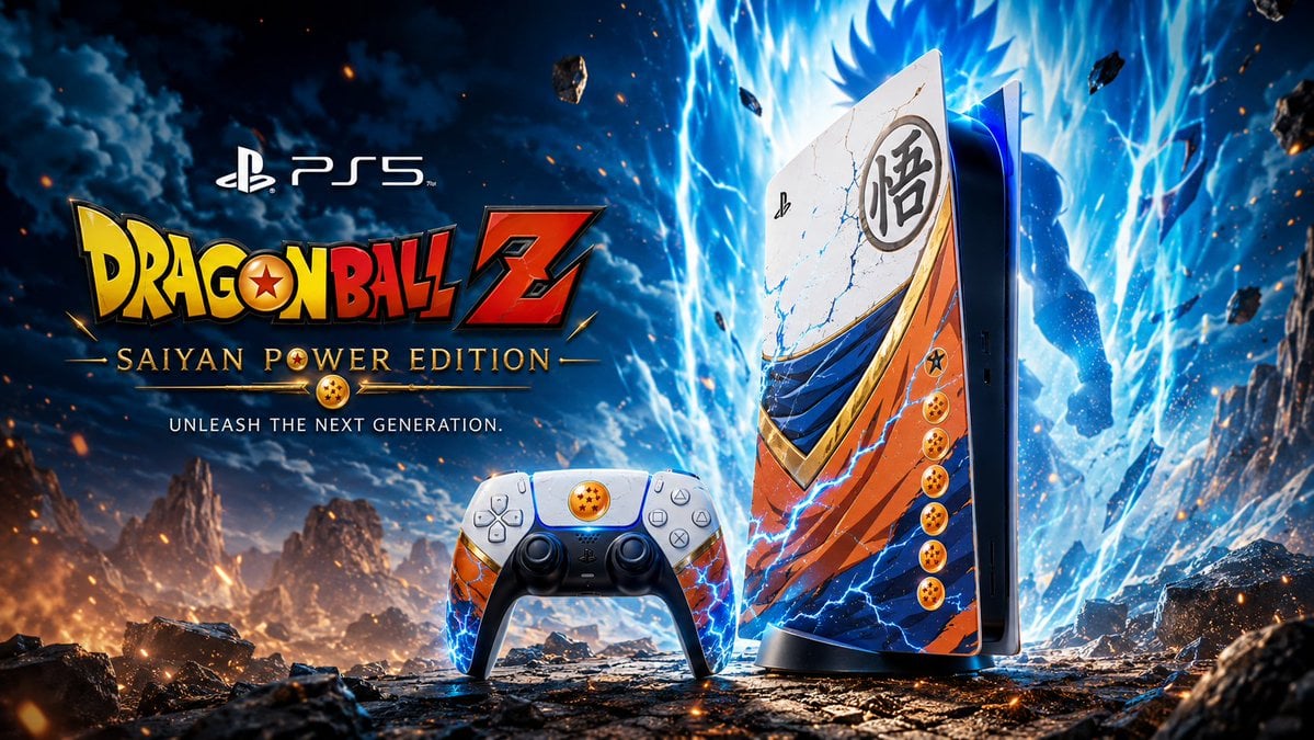 Create a premium cinematic advertising poster for a custom PS5 and matching Dual