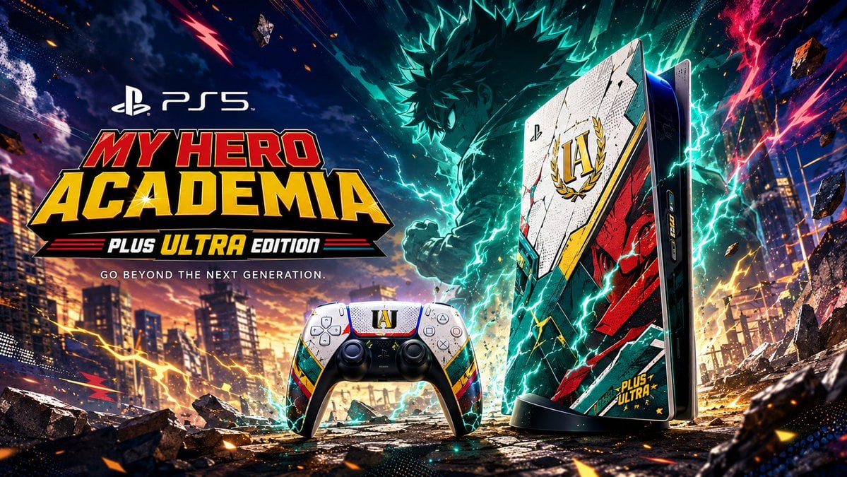 Create a premium cinematic advertising poster for a custom PS5 and matching Dual
