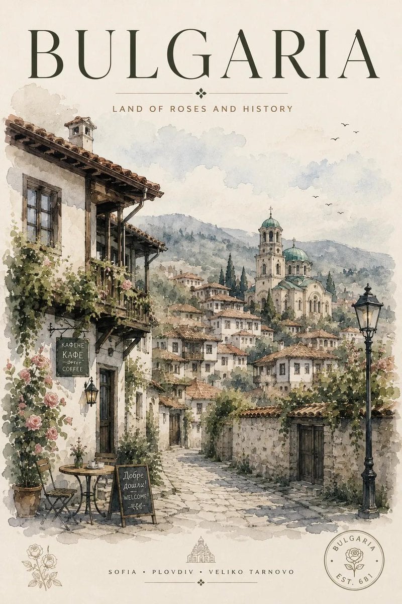 Vintage watercolor travel poster illustration, elegant European travel postcard 