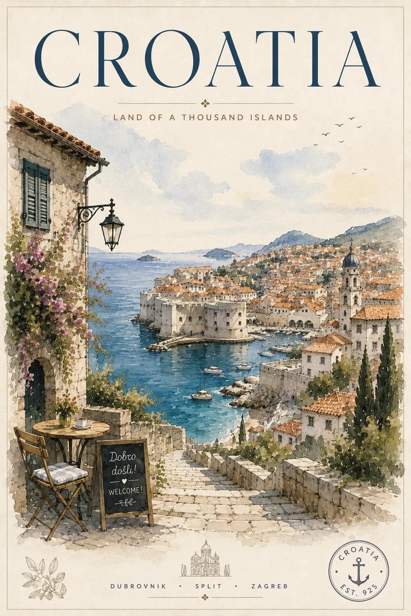 Vintage watercolor travel poster illustration, elegant European travel postcard 