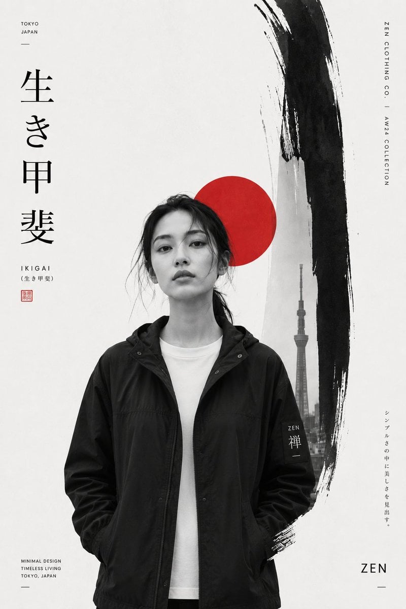 Create a premium Japanese-inspired minimalist fashion editorial poster featuring