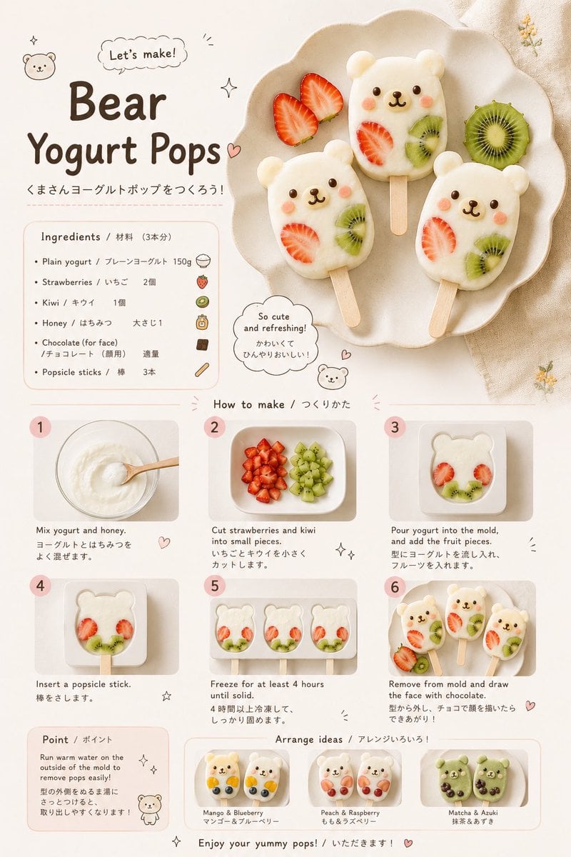 Create a realistic children’s food-art recipe infographic in a minimalist Japane