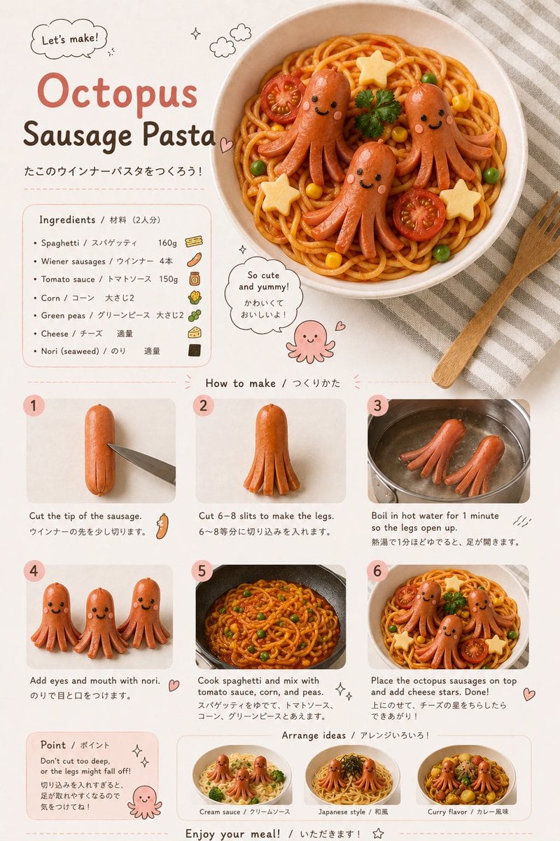 Create a realistic children’s food-art recipe infographic in a minimalist Japane