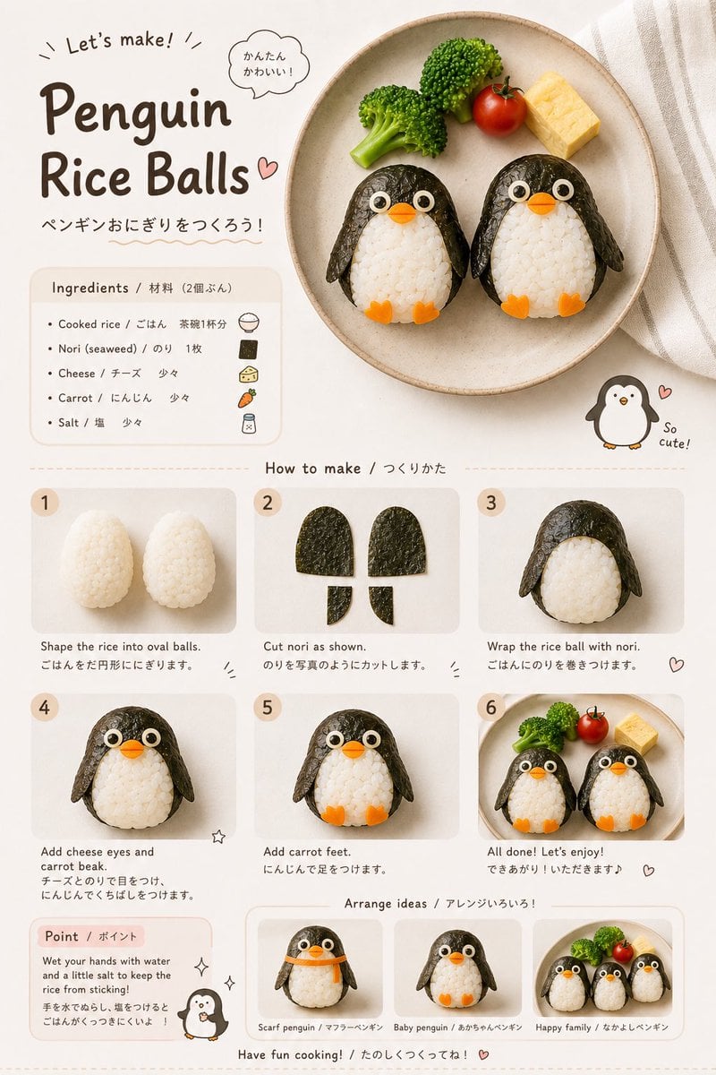 Create a realistic children’s food-art recipe infographic in a minimalist Japane