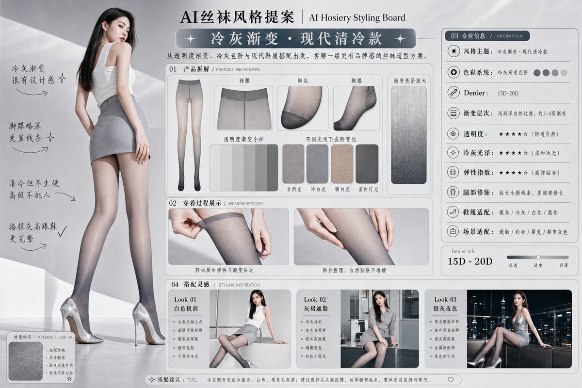 请生成一张横向 4:3 的中文版「AI丝袜风格提案 / AI Hosiery Styling Board」图片。
画面定位：
高级女性向丝袜风格提案板，不是情色