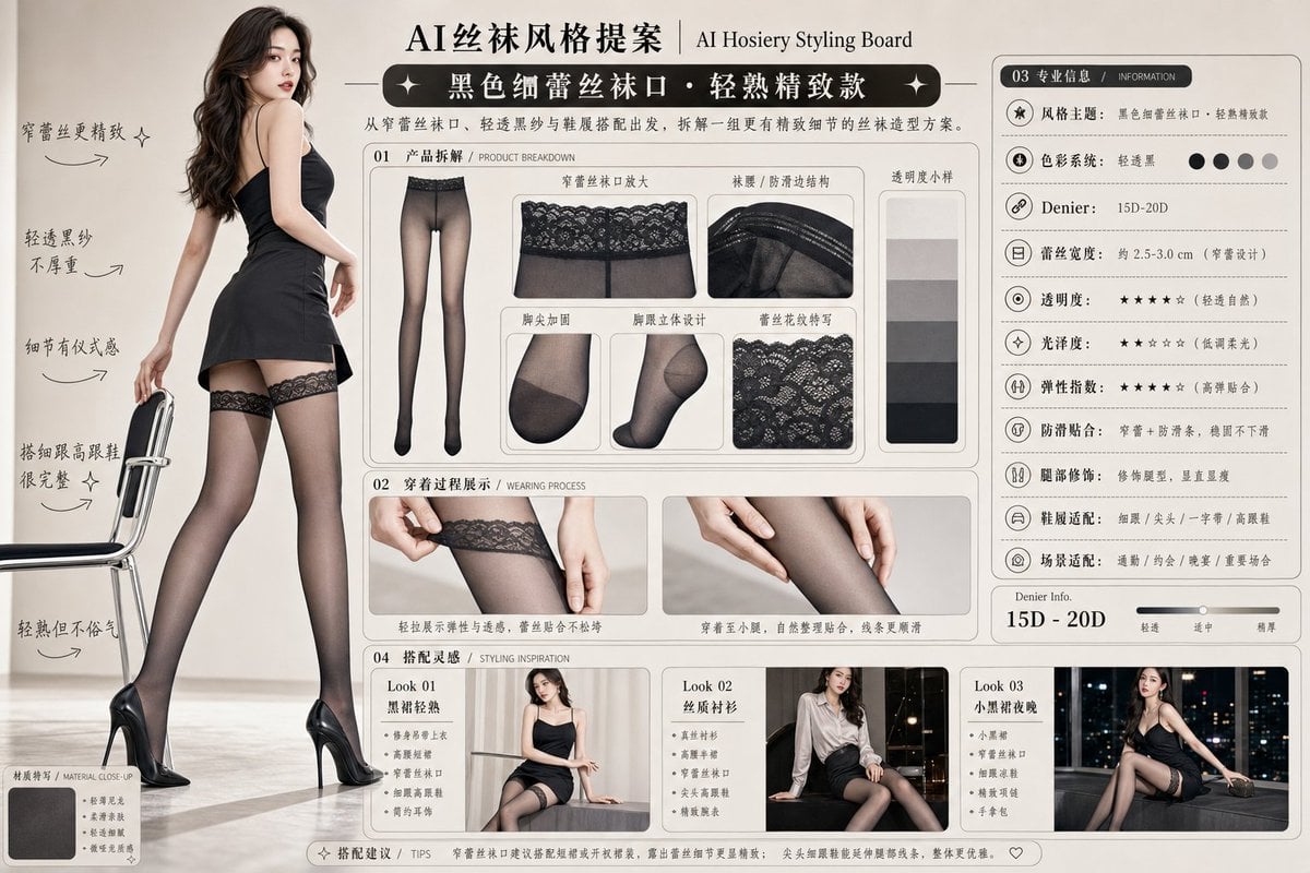 请生成一张横向 4:3 的中文版「AI丝袜风格提案 / AI Hosiery Styling Board」图片。
画面定位：
高级女性向丝袜风格提案板，不是情色