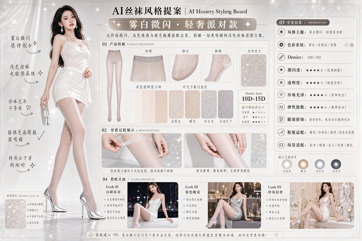 请生成一张横向 4:3 的中文版「AI丝袜风格提案 / AI Hosiery Styling Board」图片。
画面定位：
高级女性向丝袜风格提案板，不是情色