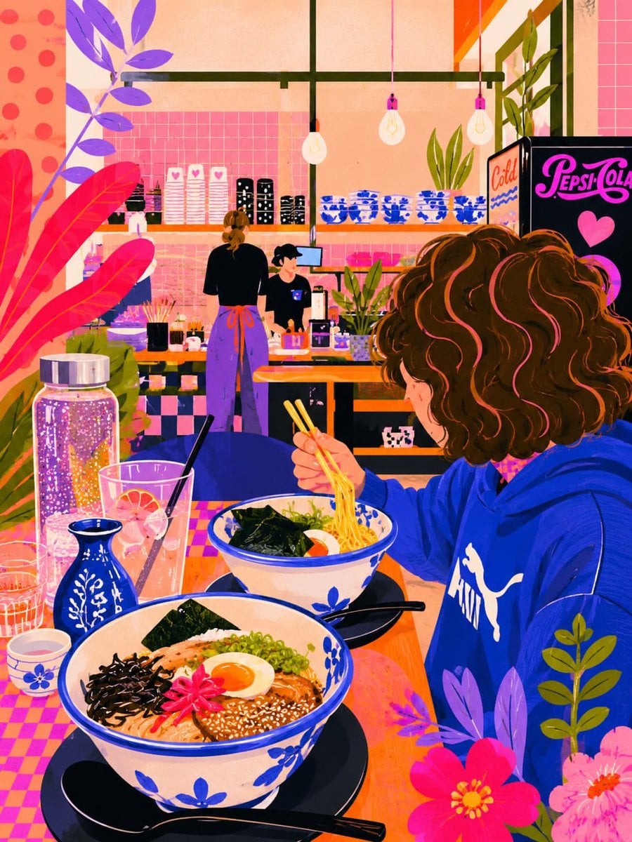 A vibrant whimsical digital illustration of a cozy indie hair salon, featuring a