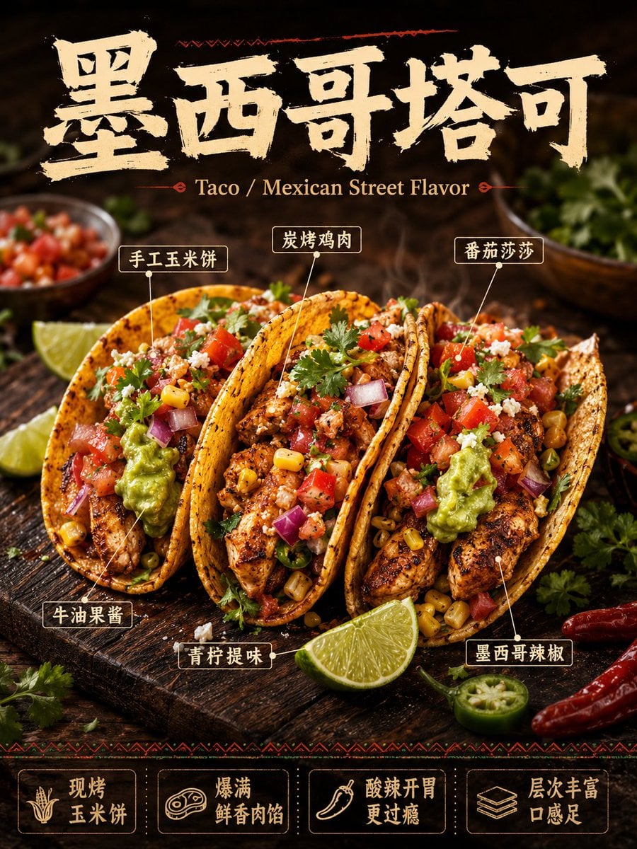 请生成一张高完成度的「中文主导餐饮商业美食海报」。

品类:[主题品类]
主标题:[中文主标题]
副标题:[英文辅助副标题](可选,小字辅助)
主视觉食物:[主