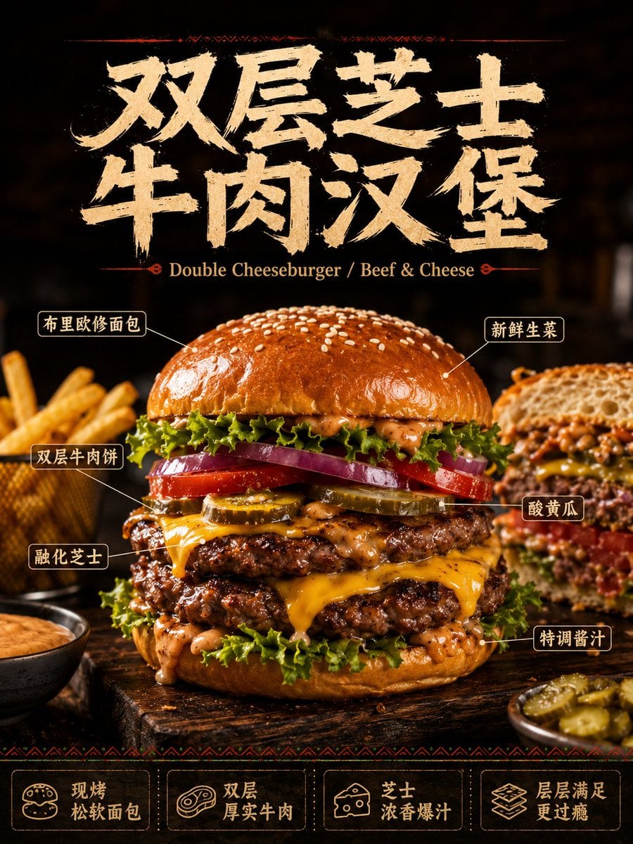请生成一张高完成度的「中文主导餐饮商业美食海报」。

品类:[主题品类]
主标题:[中文主标题]
副标题:[英文辅助副标题](可选,小字辅助)
主视觉食物:[主