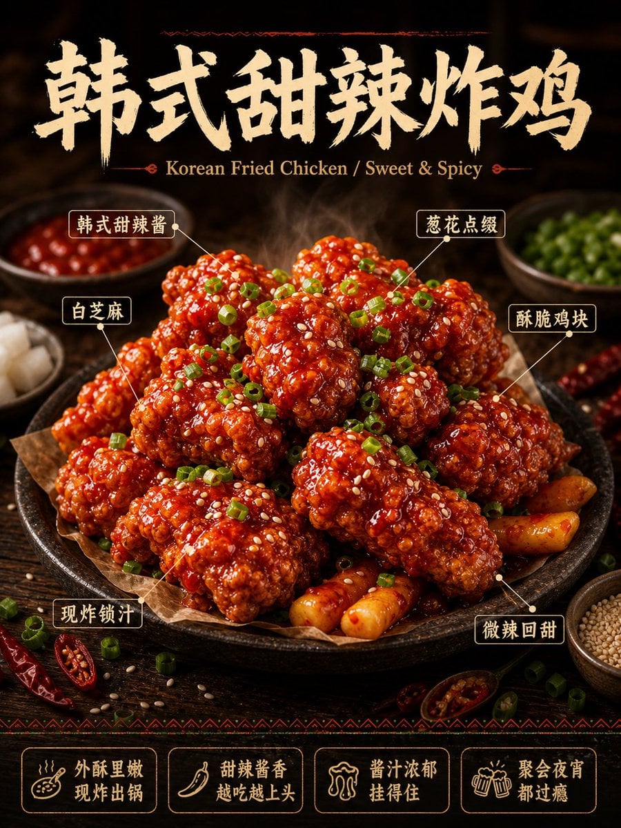 请生成一张高完成度的「中文主导餐饮商业美食海报」。

品类:[主题品类]
主标题:[中文主标题]
副标题:[英文辅助副标题](可选,小字辅助)
主视觉食物:[主