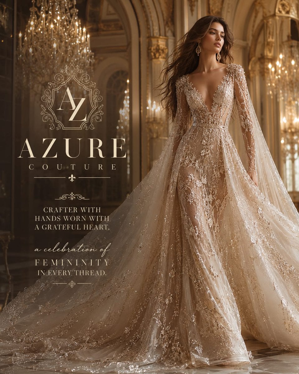 Luxury haute couture bridal fashion campaign inspired by elite Vogue, Dior, Saby