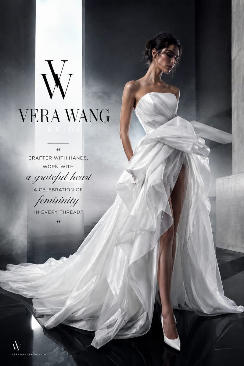 Luxury haute couture bridal fashion campaign inspired by elite Vogue, Dior, Saby