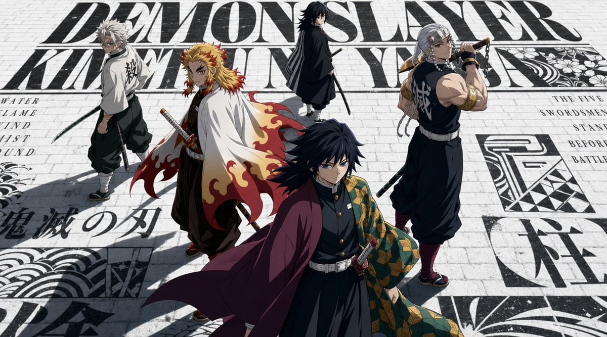Five handsome Akatsuki members from Naruto standing at the center of a vast blac