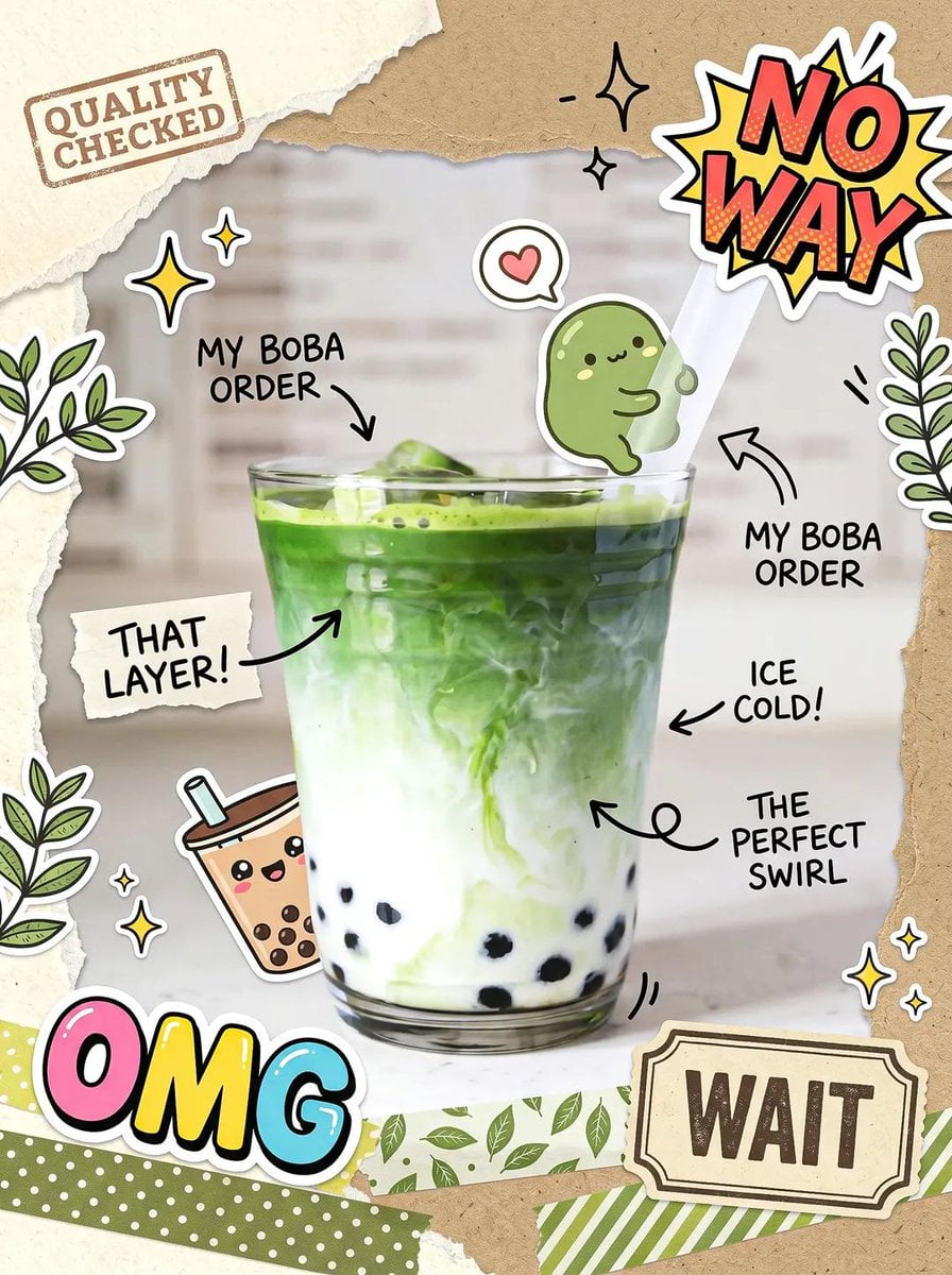 Cute scrapbook-style food photography poster, aesthetic matcha latte drink flatl