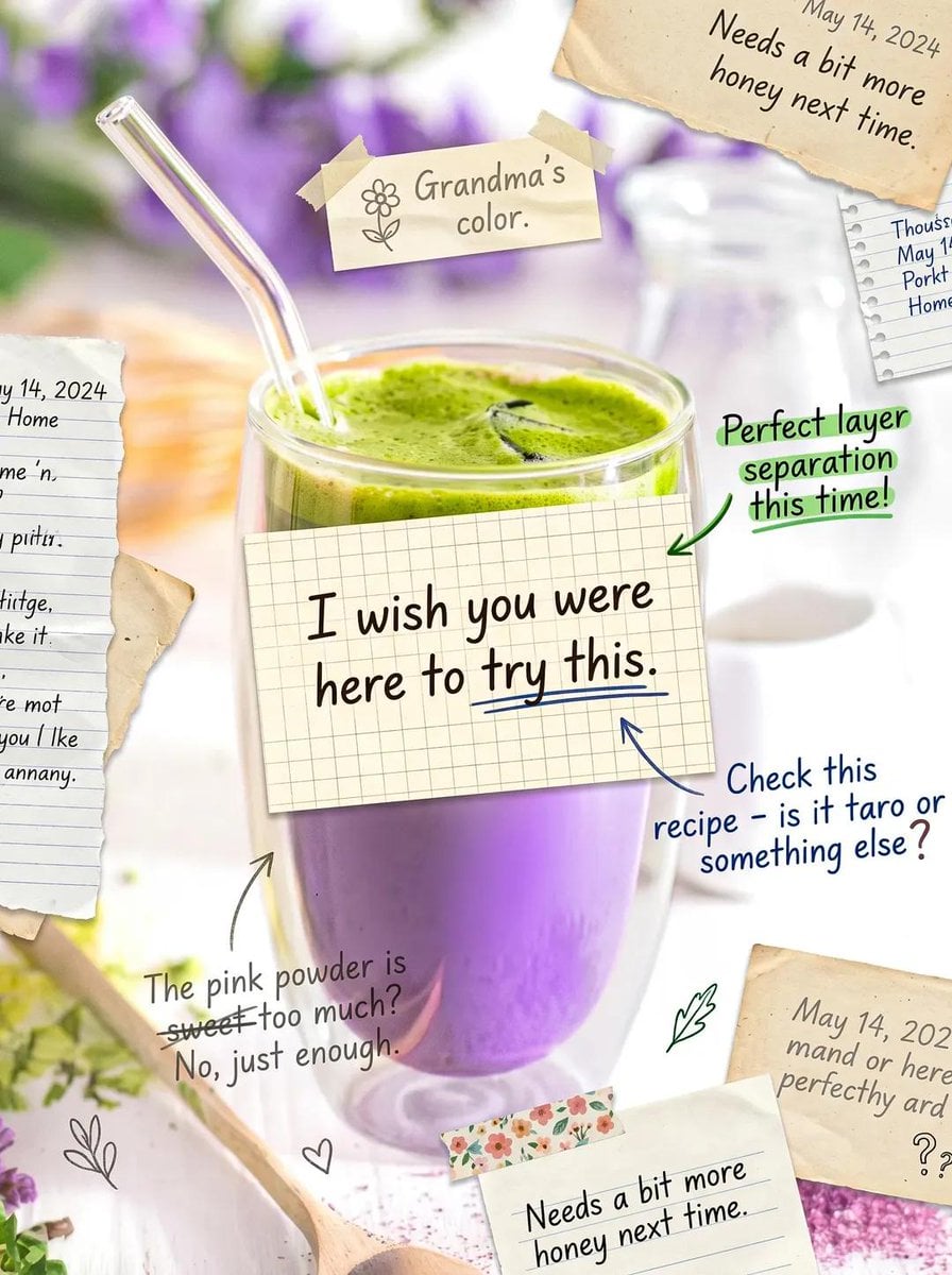 Cute scrapbook-style food photography poster, aesthetic matcha latte drink flatl