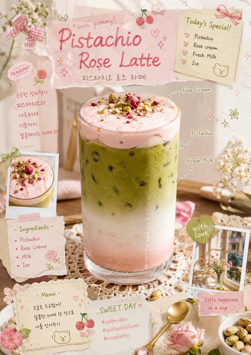 rose latte aesthetic, layered iced pistachio drink with rose cream foam and milk