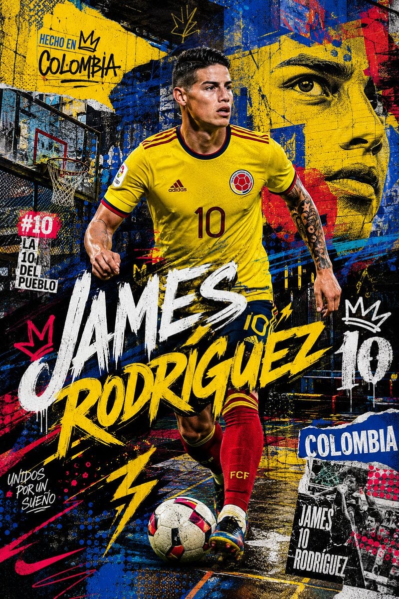 A dynamic mixed-media football poster featuring James Rodríguez in Colombia’s na