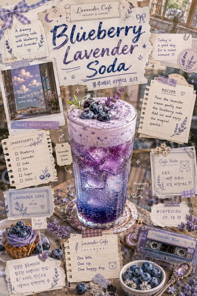 Vintage-inspired blueberry lavender soda scrapbook poster, dreamy artisanal cafe