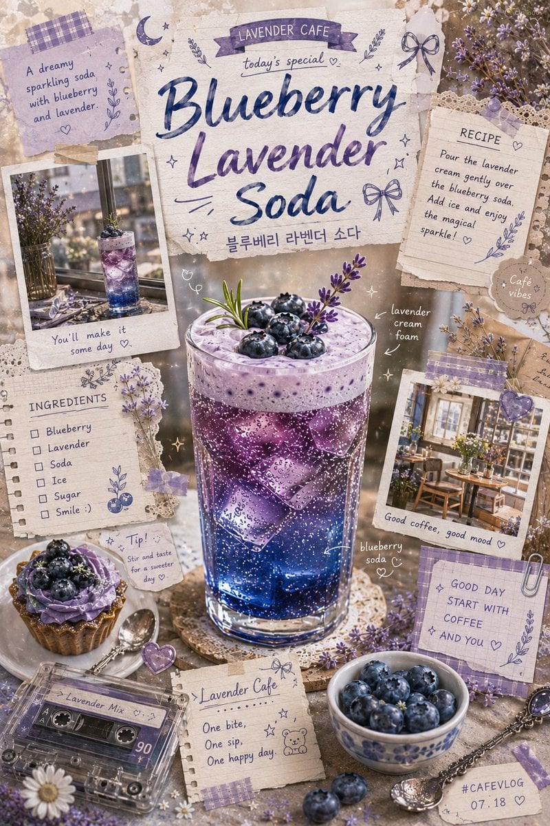 Vintage-inspired blueberry lavender soda scrapbook poster, dreamy artisanal cafe